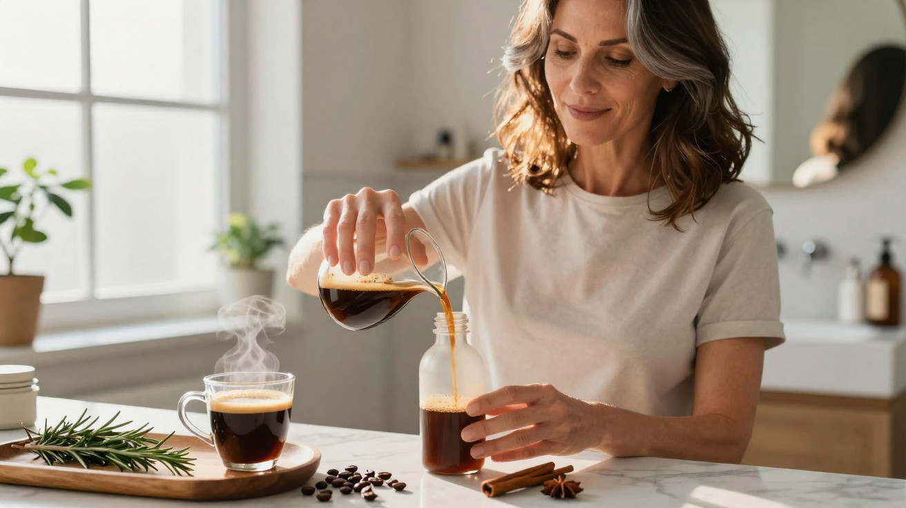 Mulher sorridente derramando café em garrafa de vidro em cozinha iluminada, com xícara e especiarias na mesa.
