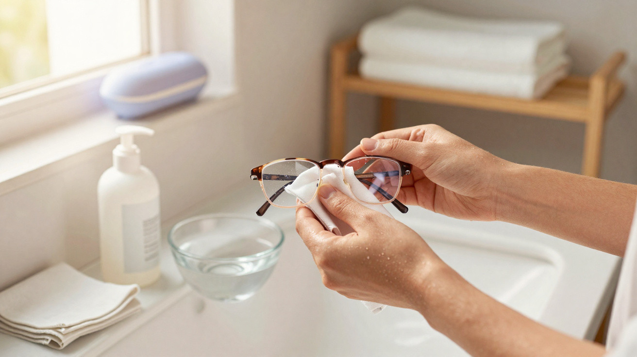 Pessoa limpando óculos com pano branco em ambiente claro com pia e produtos de higiene ao fundo.