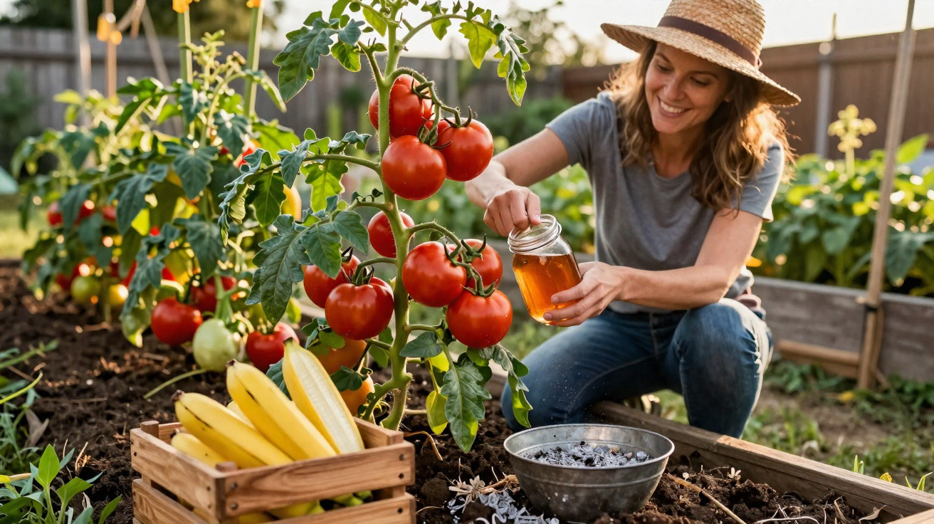 Mulher com chapéu cuidando de tomates em horta caseira com caixa de bananas ao lado.