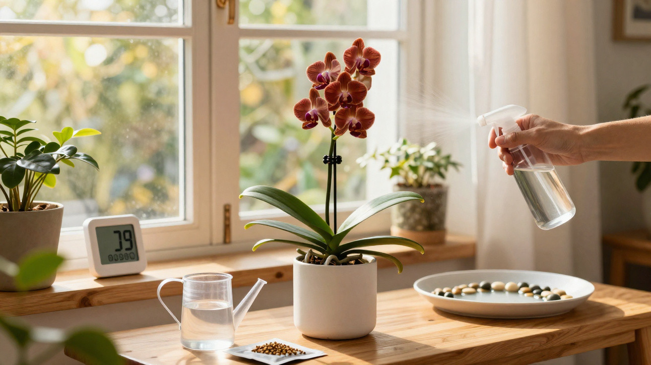 Pessoa borrifando água em orquídea vermelha em vaso branco sobre mesa de madeira perto de janela.