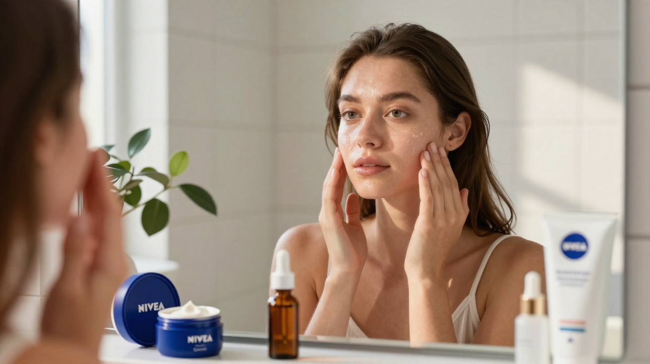 Mulher aplicando creme facial diante do espelho com produtos Nivea sobre a pia do banheiro.