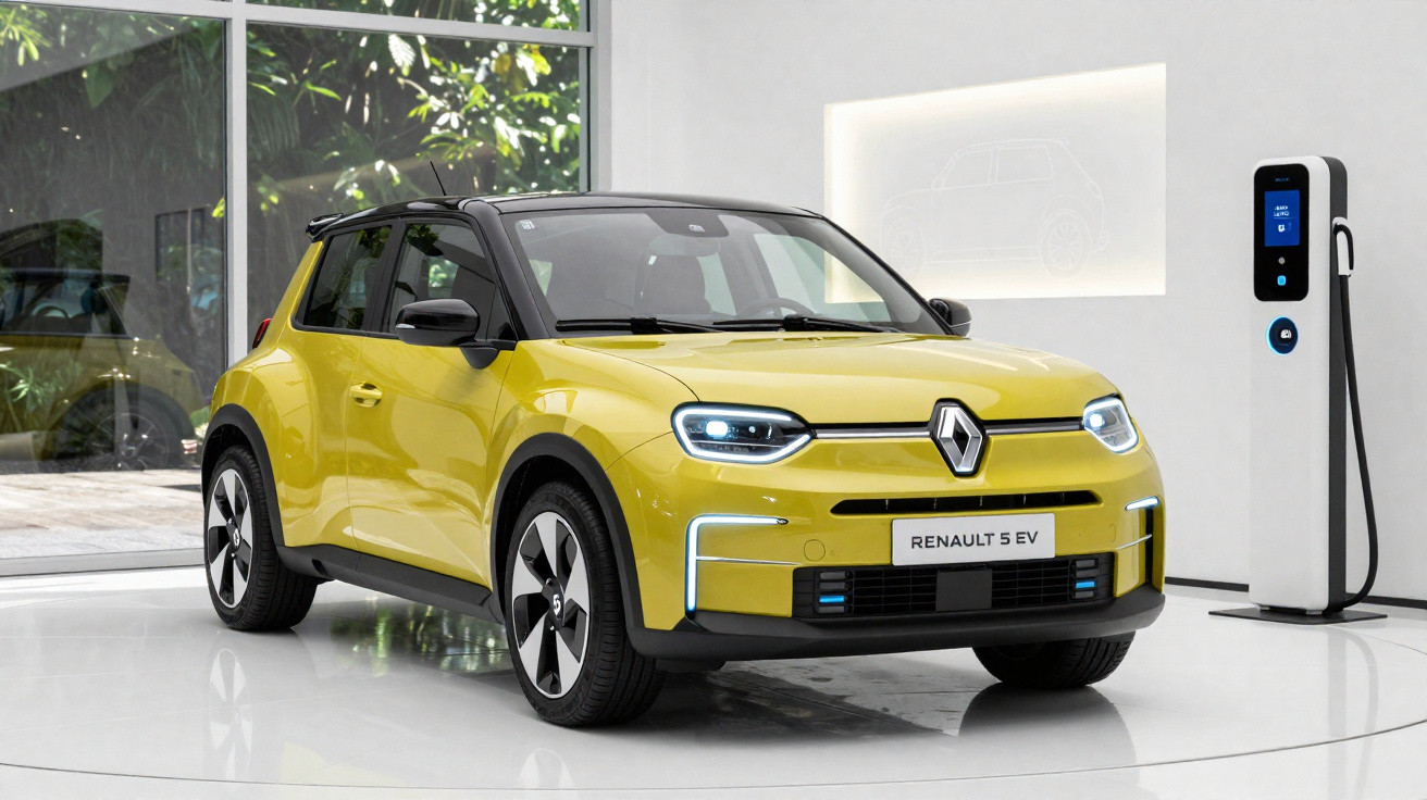 Carro elétrico Renault 5 EV amarelo em exposição interna próximo a estação de recarga.