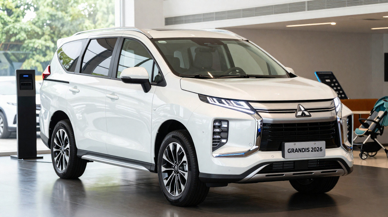 SUV branco Mitsubishi Grandis 2026 exibido em showroom moderno com piso escuro e carrinho de bebê ao fundo.