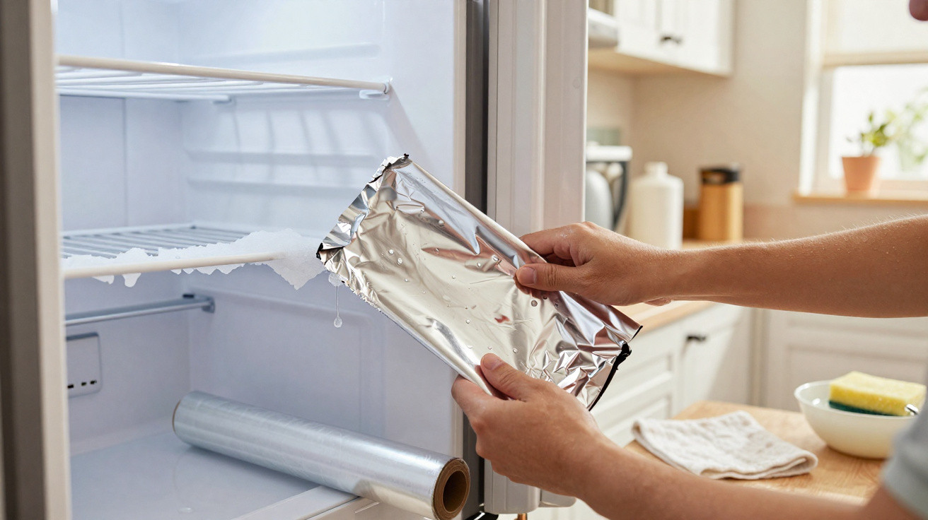 Pessoa limpando gelo acumulado no freezer de geladeira com papel alumínio na cozinha.
