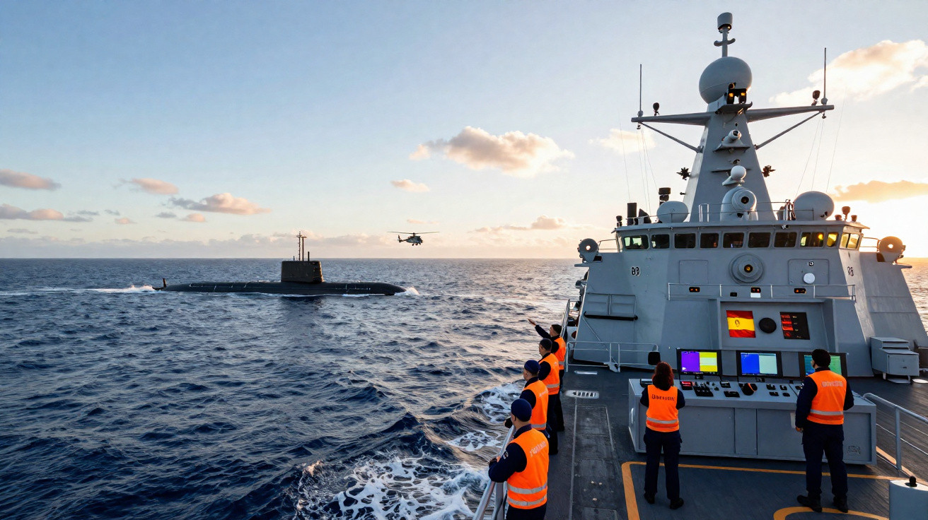 Tripulação naval com coletes laranja observa submarino e helicóptero no mar durante o pôr do sol.