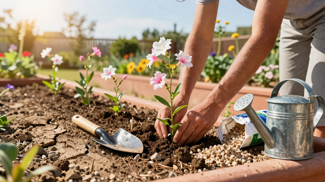Pessoa plantando flor branca e rosa em canteiro de jardim com regador e pá ao lado.