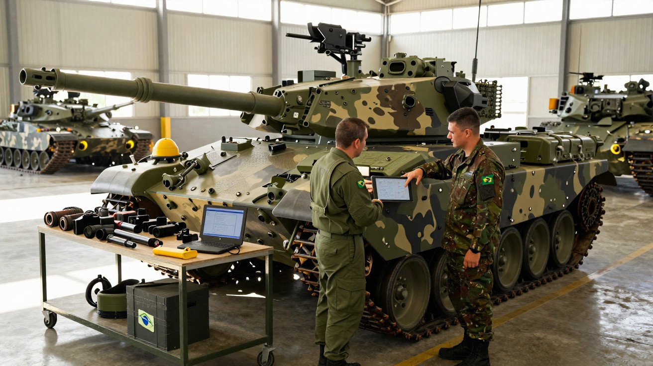 Dois militares brasileiros inspecionam tanque de guerra camuflado em oficina com equipamento e computadores.
