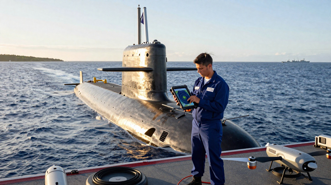 Homem com uniforme azul opera tablet próximo a submarino preto no mar, com drone ao lado no convés.