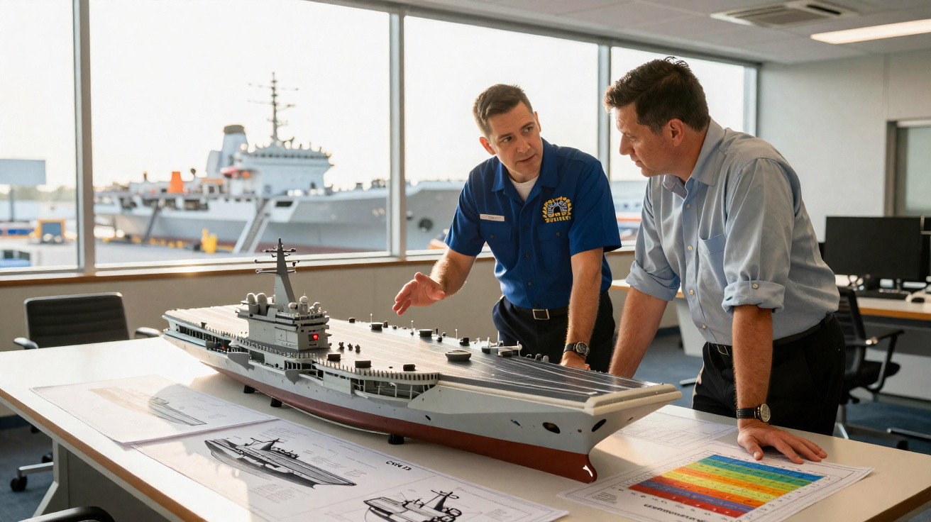 Dois homens discutem modelo de navio de guerra sobre mesa de escritório com plantas e gráficos.