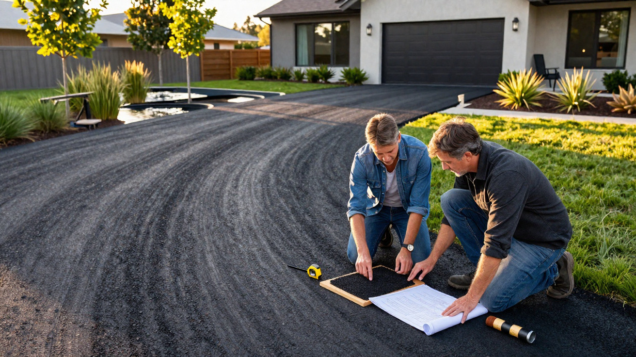 Dois homens analisando projeto sobre pavimento novo em entrada de garagem de casa residencial.