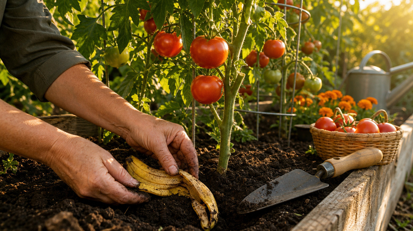 Mãos colocando cascas de banana no solo ao lado de pé de tomate em jardim ensolarado.