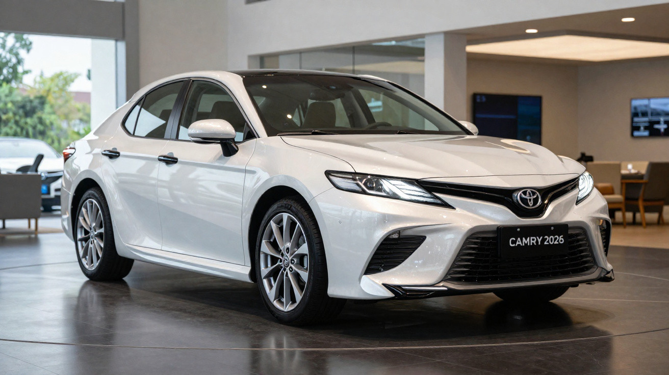 Carro sedan Toyota Camry 2026 branco exibido em showroom moderno e iluminado.