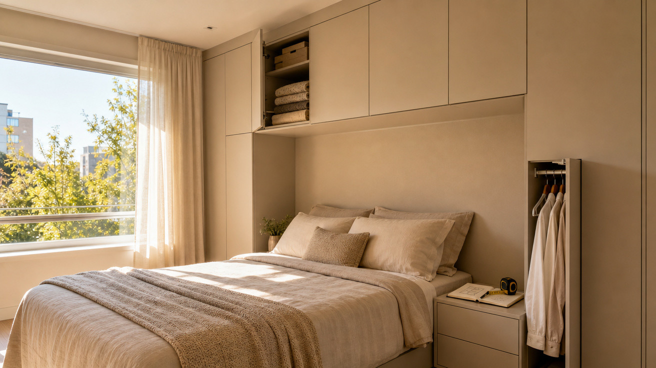 Quarto moderno com cama de casal, armários embutidos, janela grande com cortina e luz natural entrando.