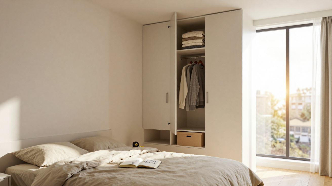 Quarto iluminado com cama, roupas penduradas em armário aberto e janela com vista para o sol da manhã.