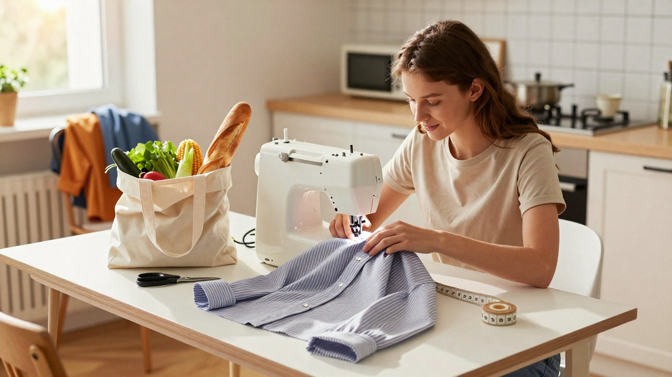 Mulher costurando camisa azul listrada em máquina de costura branca na cozinha iluminada.