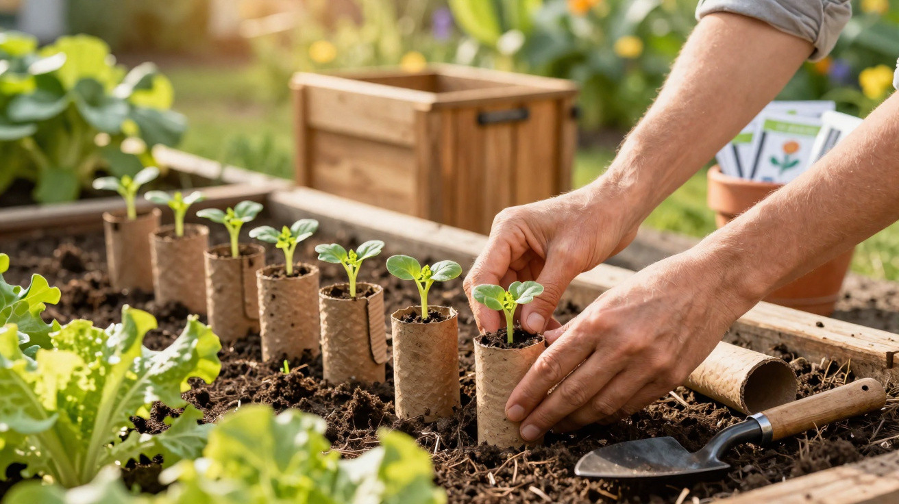 Mão plantando mudas em pequenos tubos de papelão em canteiro de horta com vegetais ao redor.
