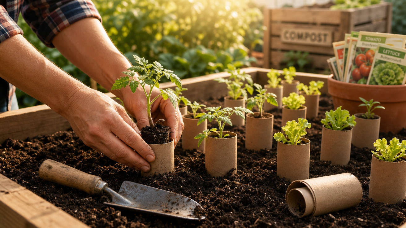 Mãos plantando mudas em copos biodegradáveis no jardim com terra e sementes ao fundo.