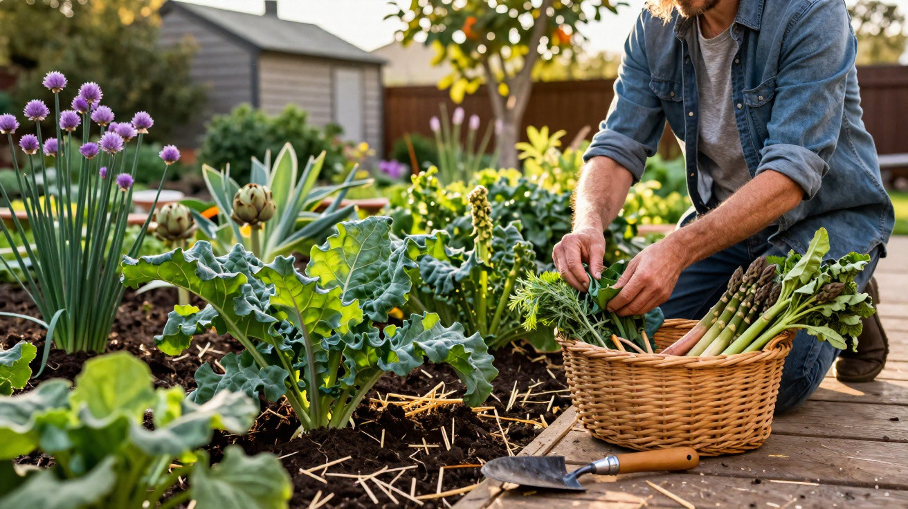 Pessoa colhendo cenouras e aspargos em cesta, em horta com verduras e flores ao fundo.