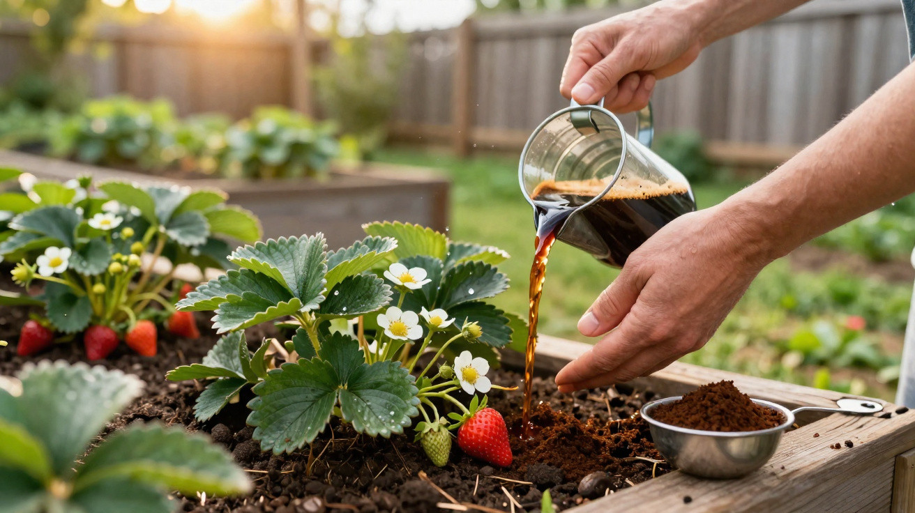 Pessoa regando planta de morango com café em horta caseira ao ar livre.