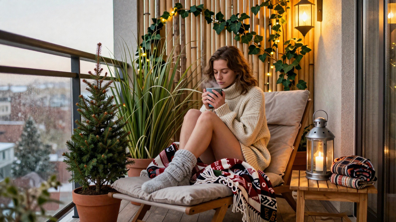 Mulher sentada em varanda decorada com plantas, luzes e cobertor, segurando uma caneca quente.