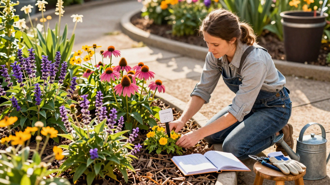 Mulher cuidando de flores coloridas em jardim com ferramentas e caderno ao lado.