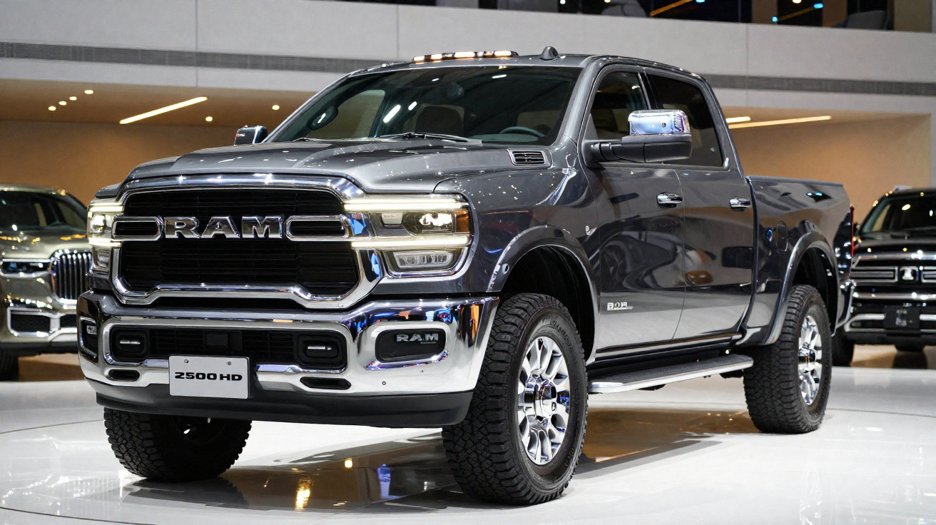 Picape RAM 2500 HD prata exibida em salão de automóveis, vista frontal lateral direita.