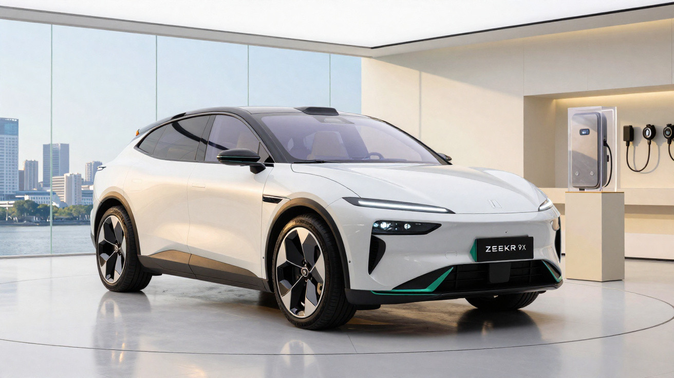 Carro elétrico branco com teto preto em exposição dentro de salão moderno com vista para a cidade.