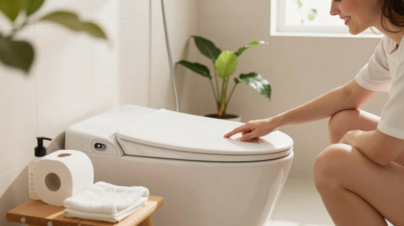 Mulher sorrindo usando vaso sanitário com tampa fechada em banheiro claro e plantas no fundo.