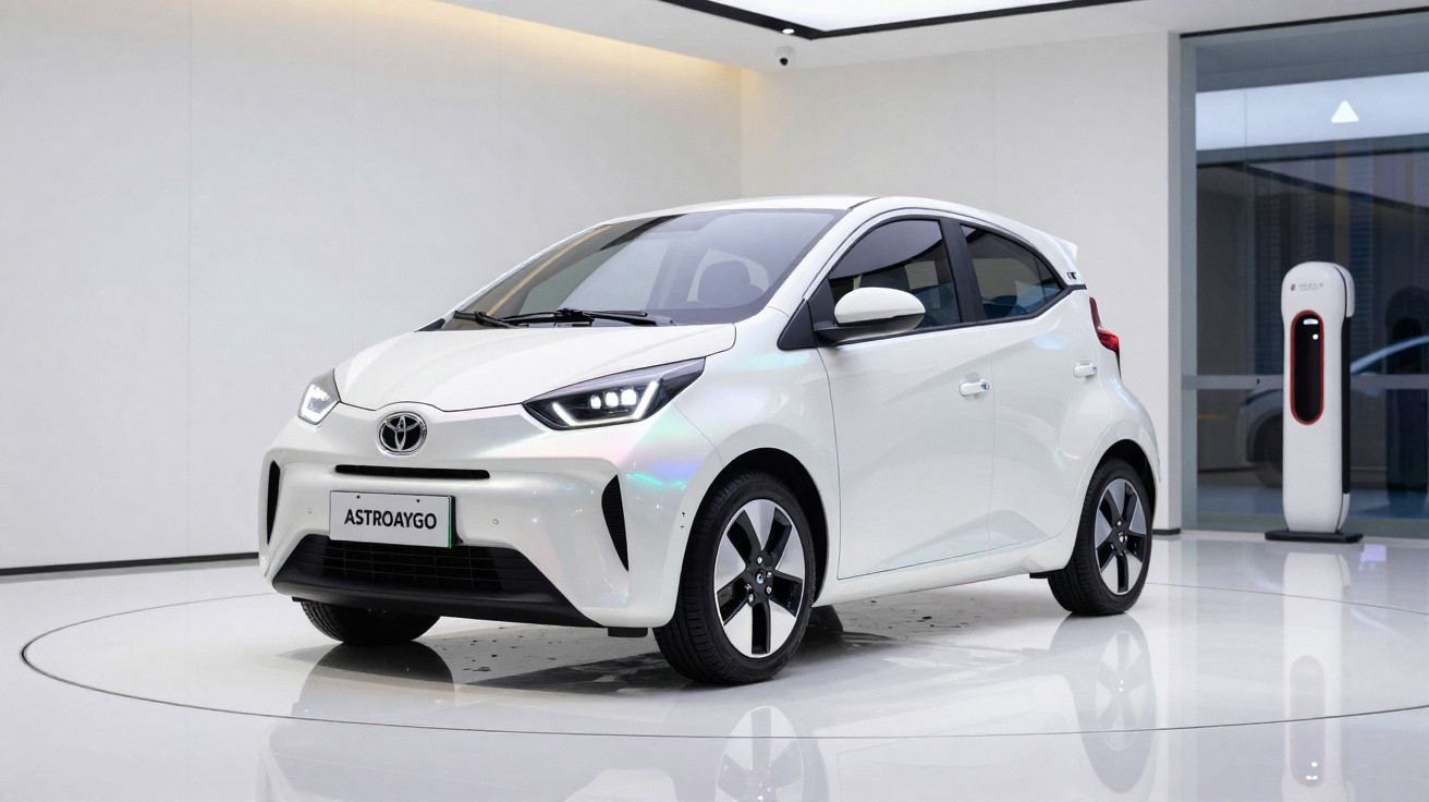Carro elétrico branco Toyota Aygo em exposição com estação de recarga ao fundo, ambiente moderno e iluminado.