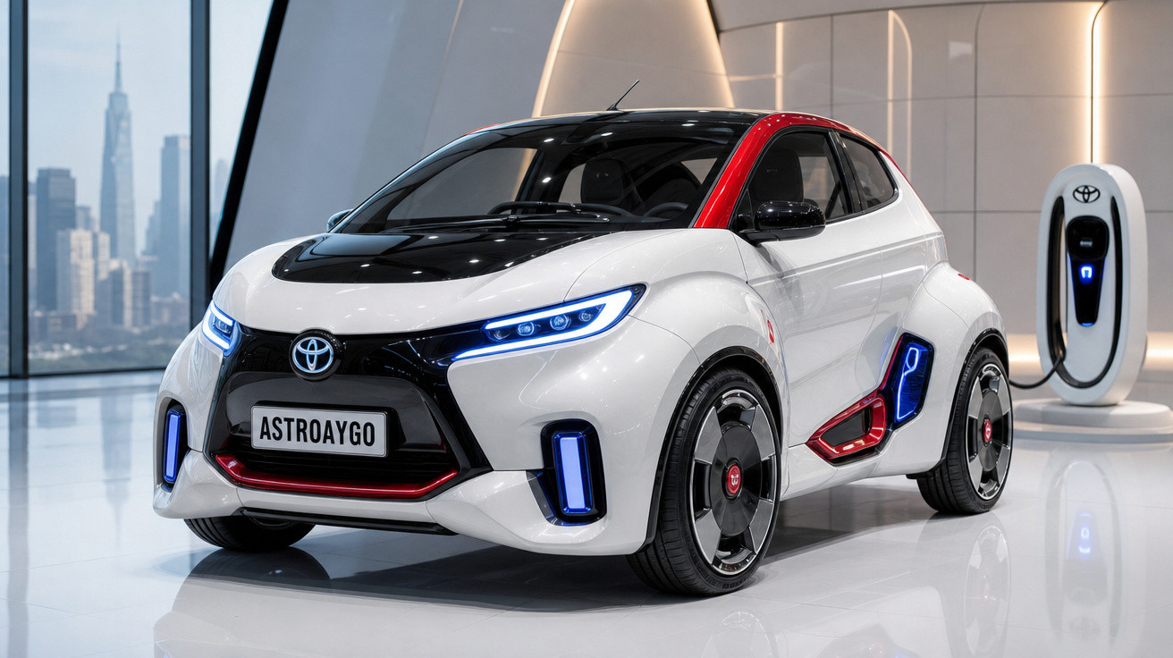 Carro elétrico Toyota AstroAYGO branco com detalhes vermelhos e luzes azuis em ambiente moderno e urbano.