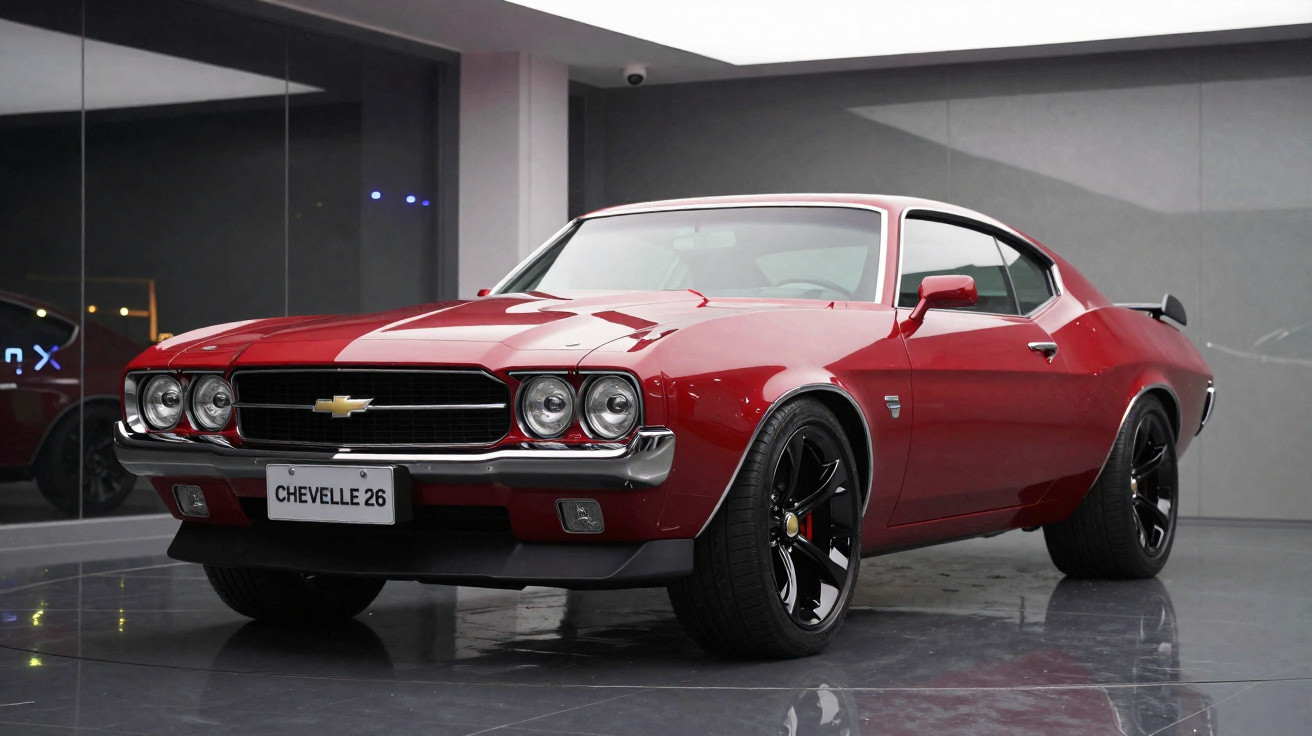 Carro esportivo Chevrolet Chevelle 26 vermelho em exposição, com rodas pretas e design clássico.
