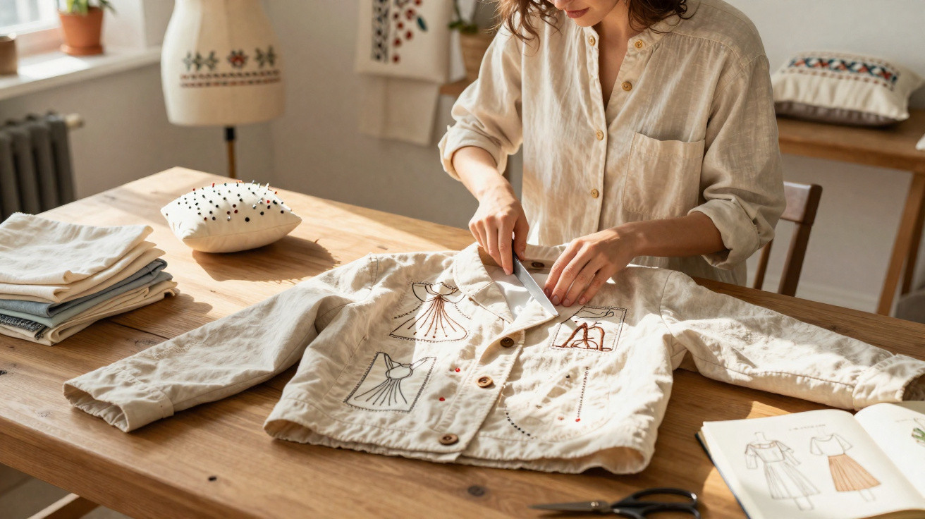 Pessoa bordando jaqueta de linho com desenhos de vestidos em mesa de madeira clara.