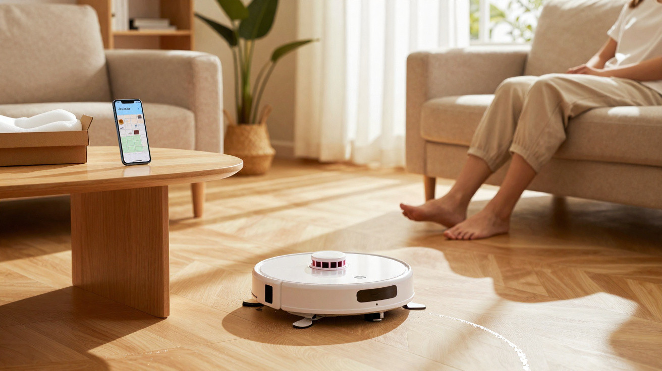 Robô aspirador branco limpando o chão em sala com sofá, mesa de centro e celular exibindo app de limpeza.