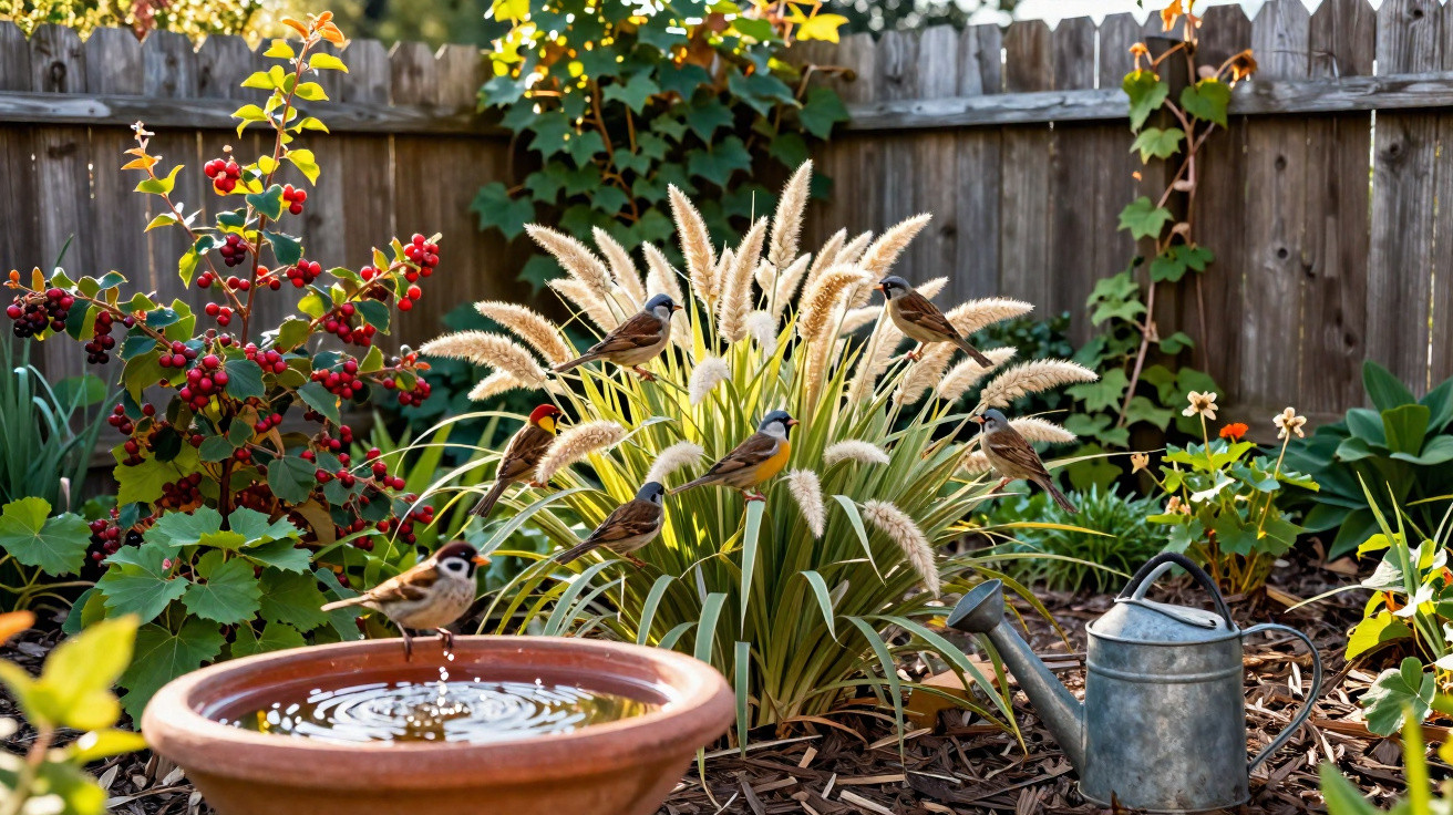 Jardim com plantas, regador metálico e pássaros em fontes de água e arbustos ao fundo.