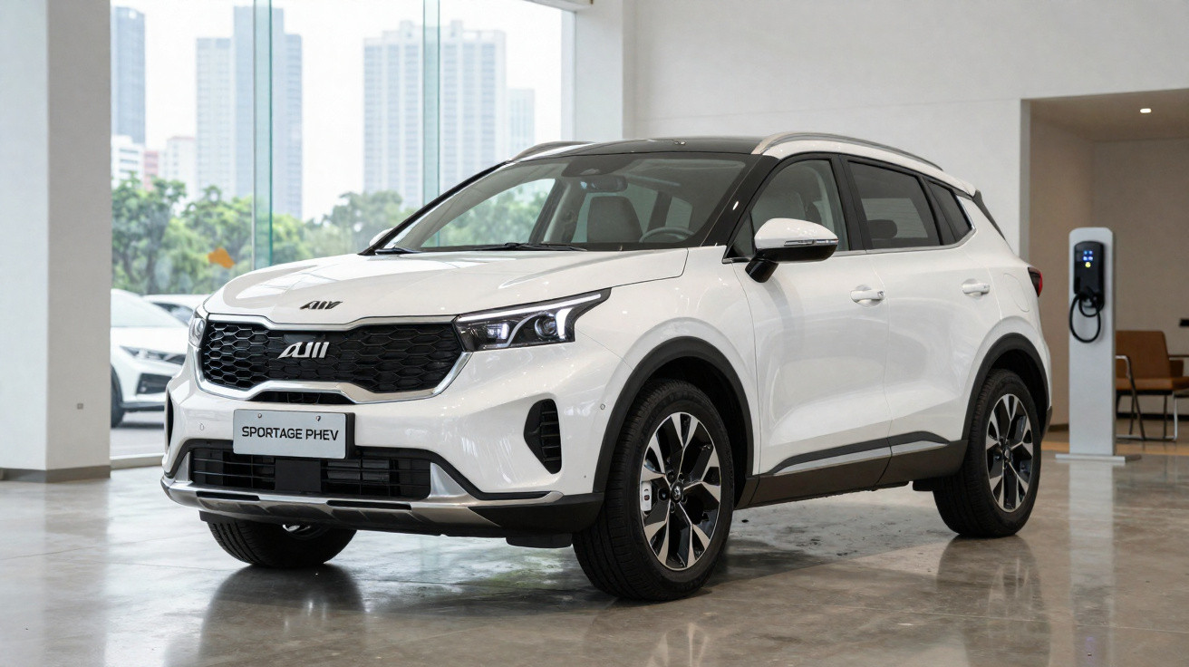 SUV branco AW1 Sportage PHEV estacionado em showroom moderno com carregador elétrico ao fundo.