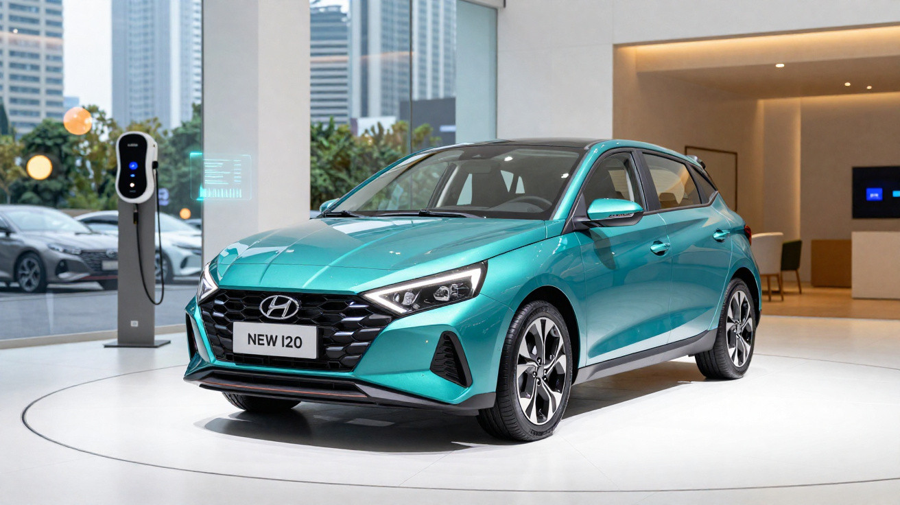 Carro Hyundai New i20 verde exibido em showroom moderno com estação de carregamento próximo.