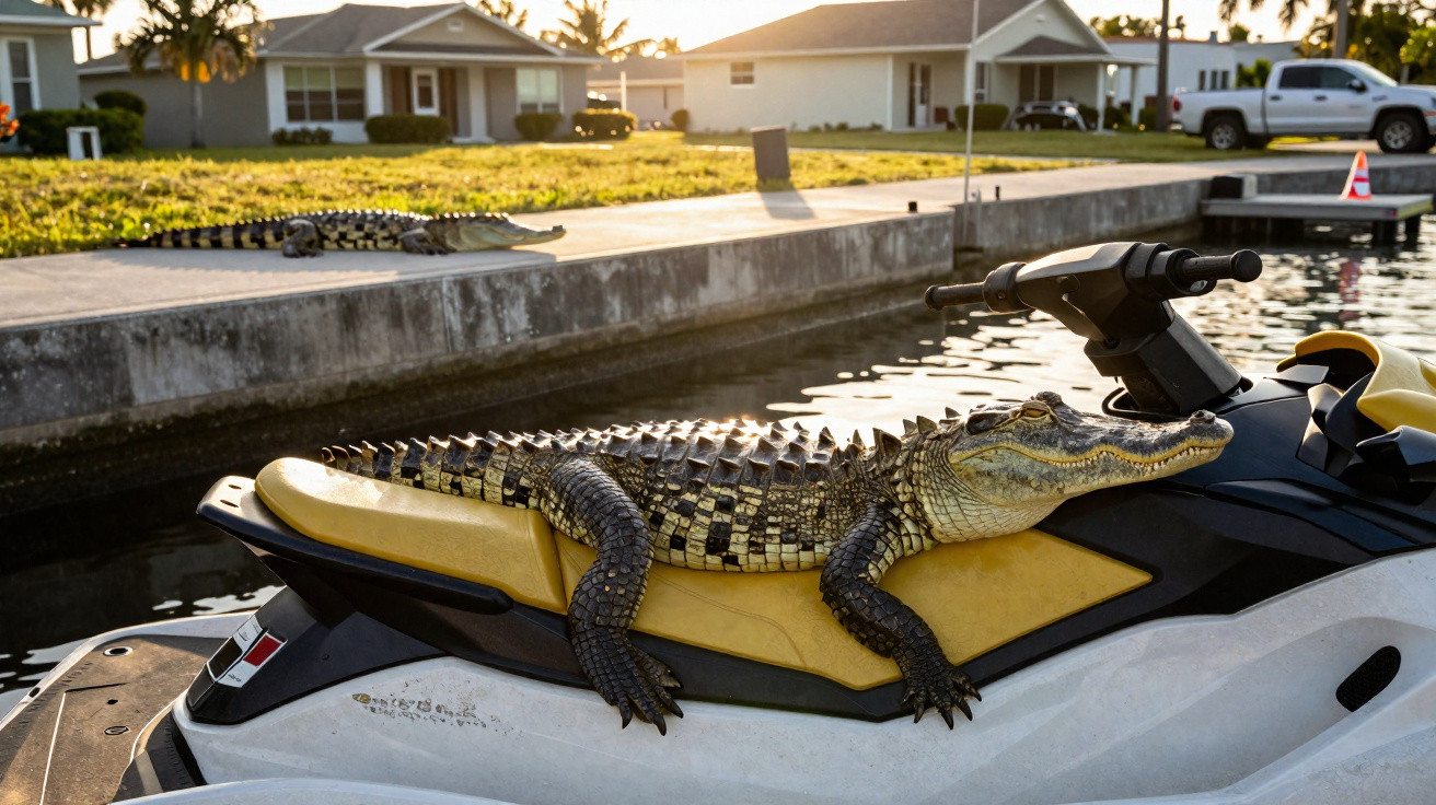 Jacaré deitado em jet ski amarelo próximo a canal residencial ao entardecer.