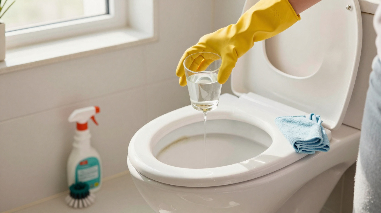 Pessoa com luva amarela despejando líquido em copo sobre vaso sanitário branco para limpeza.