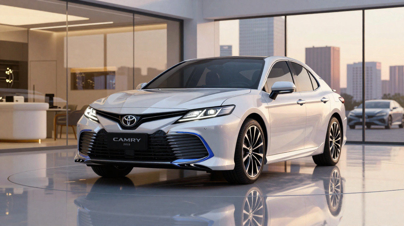 Carro sedan Toyota Camry prata estacionado em ambiente moderno com grandes janelas e vista urbana.