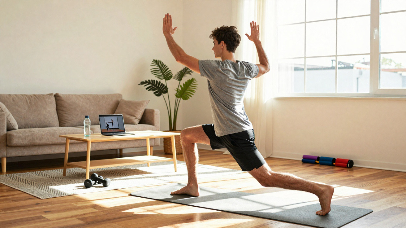 Homem fazendo exercício de yoga na sala de estar com tapete, laptop e pesos.