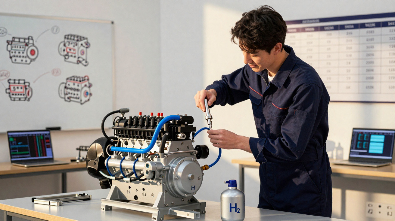 Homem em macacão azul ajusta motor com ferramenta em ambiente de laboratório tecnológico.