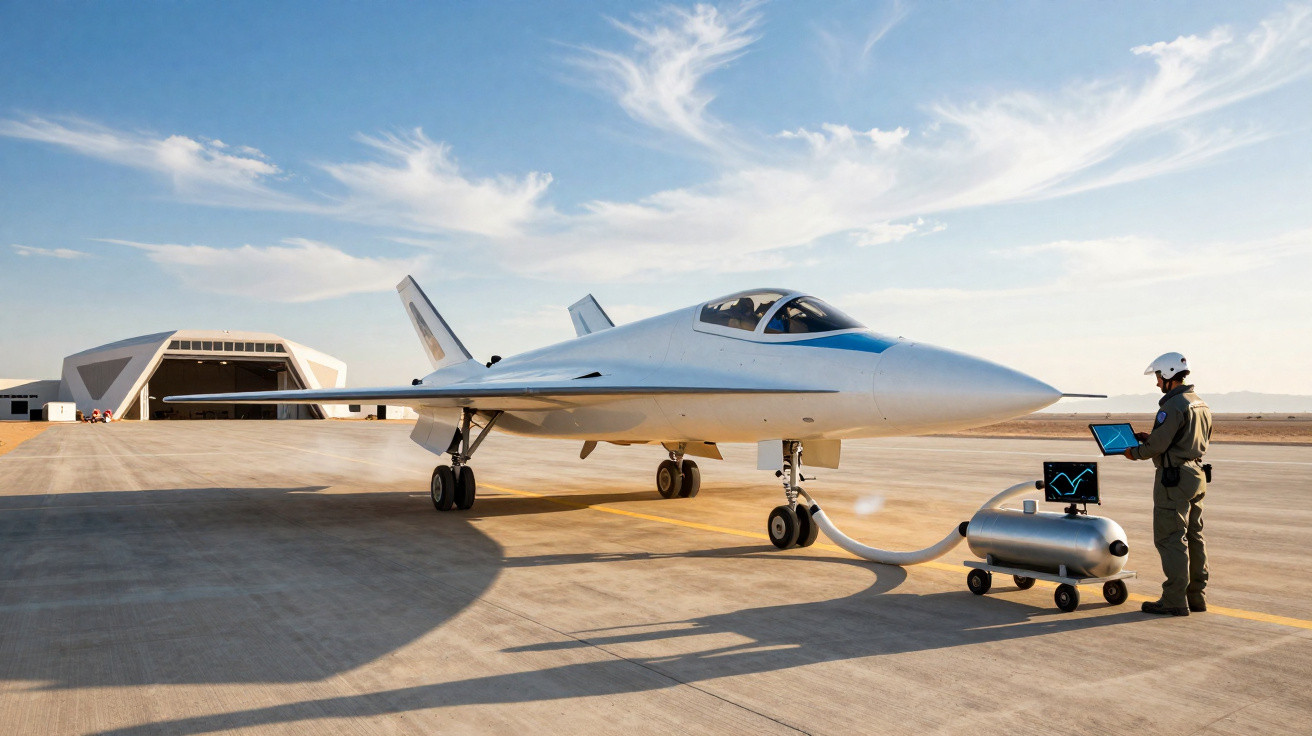 Aeronave futurista branca em pista com piloto e equipamento tecnológico em dia ensolarado.