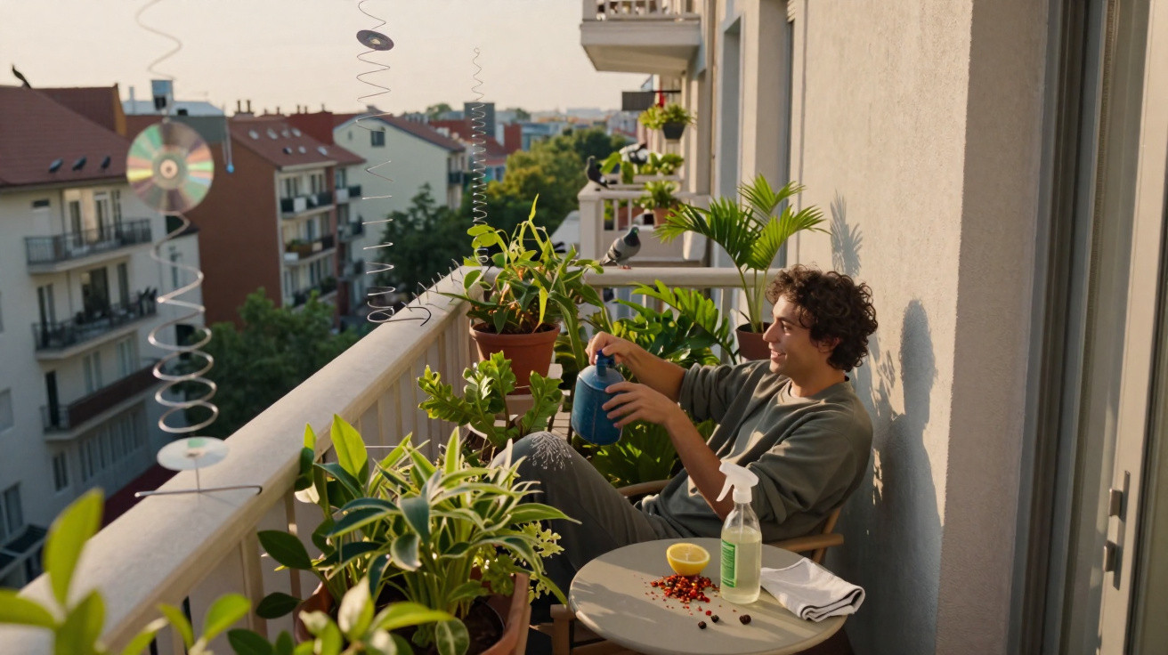 Jovem regando plantas em sacada com vasos e decoração de CDs pendurados ao entardecer.