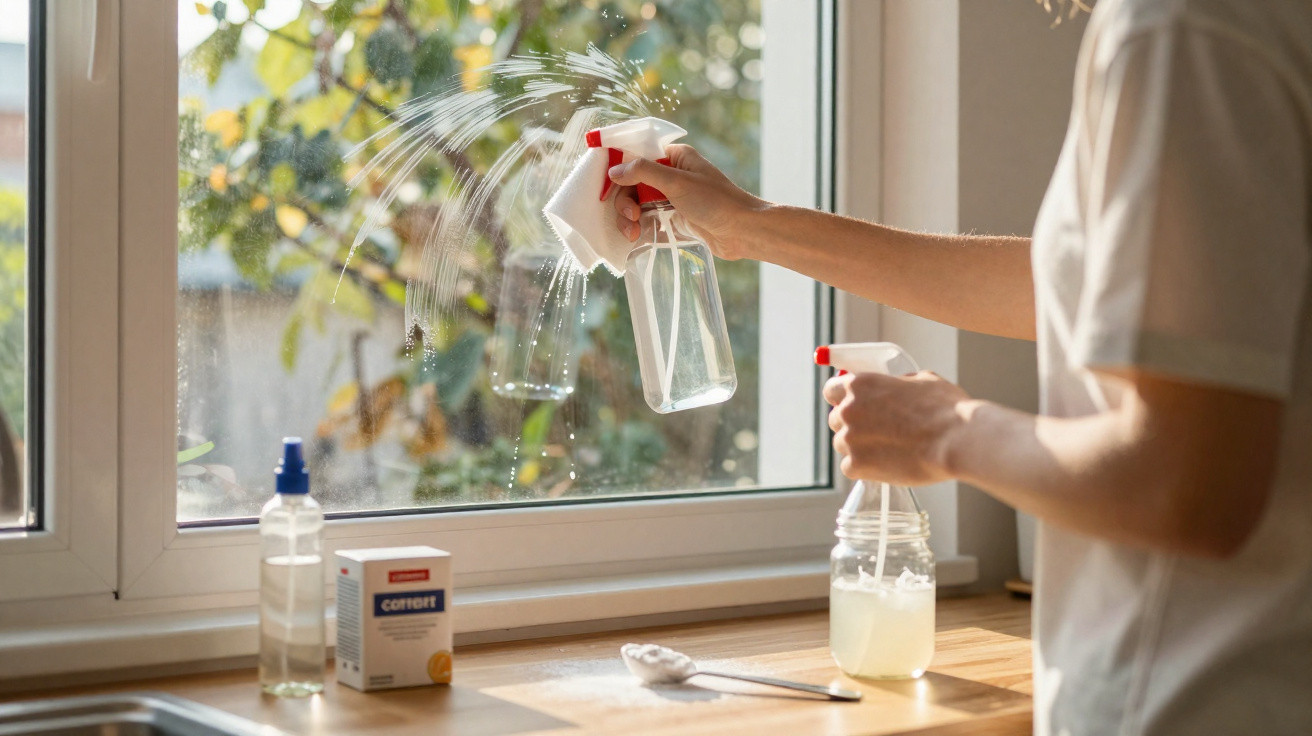 Pessoa limpando janela com pano e frasco de spray em cozinha iluminada por luz natural.