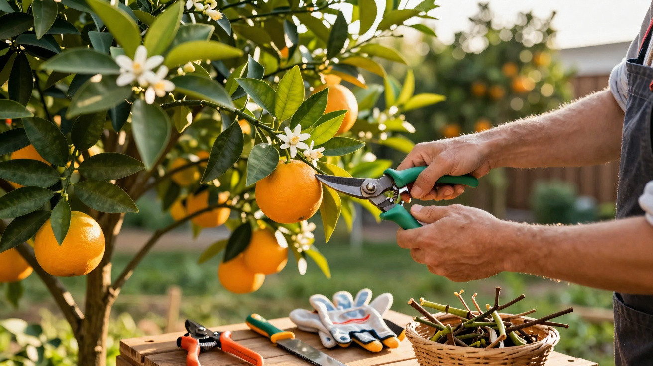 Pessoa colhendo laranja com tesoura de poda em pomar, mesa com ferramentas e cesta de galhos podados.