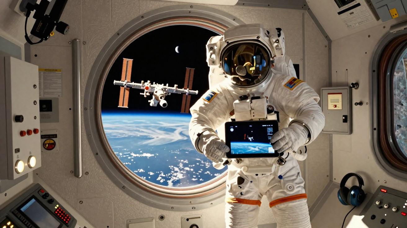 Astronauta segurando tablet dentro da estação espacial, com vista da Terra e módulo espacial pela janela circular.