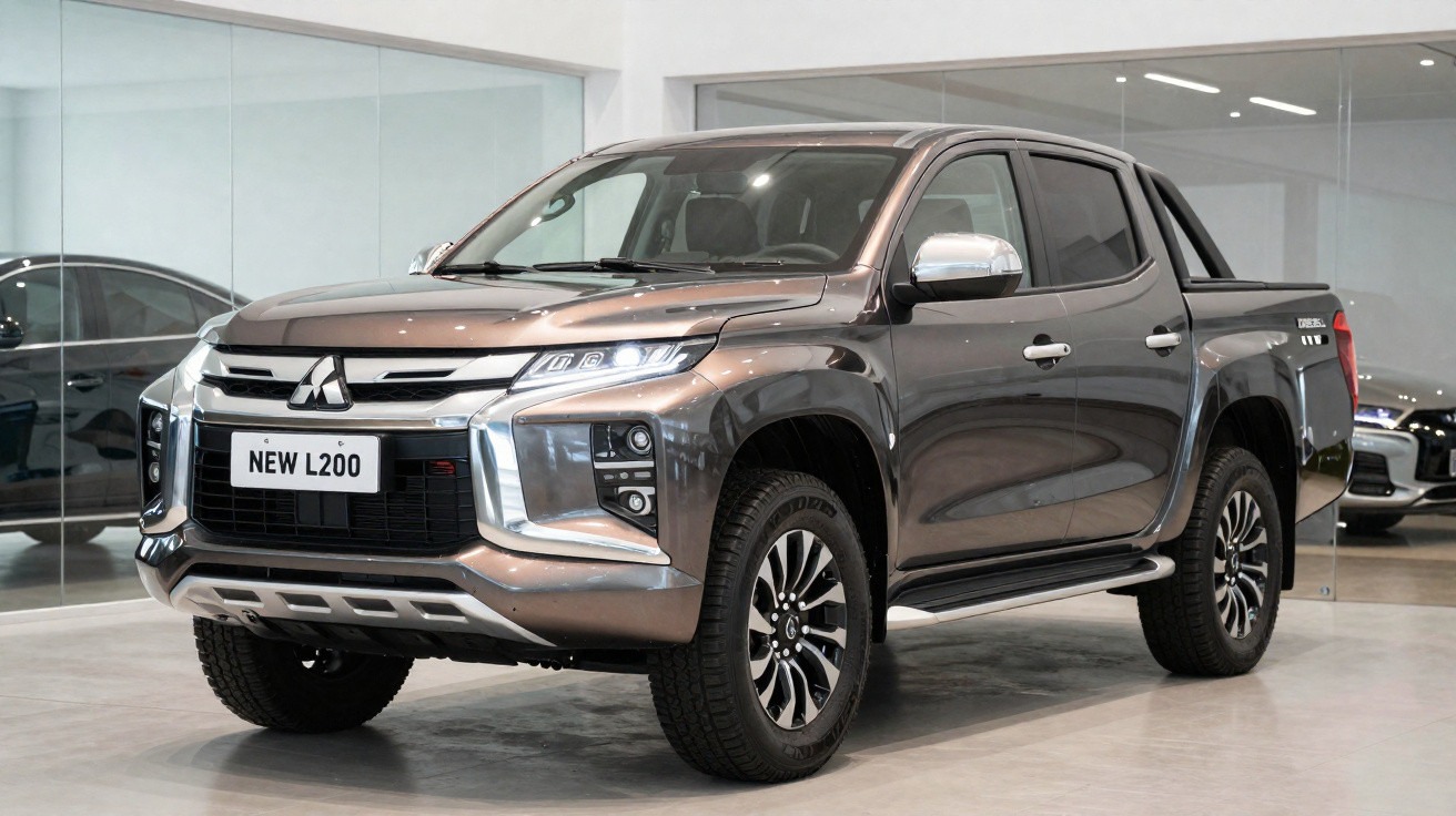 Picape Mitsubishi New L200 cinza em exposição dentro de showroom moderno.