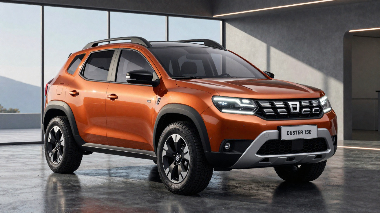 SUV Duster 150 cor laranja estacionado em garagem com grandes janelas ao fundo.