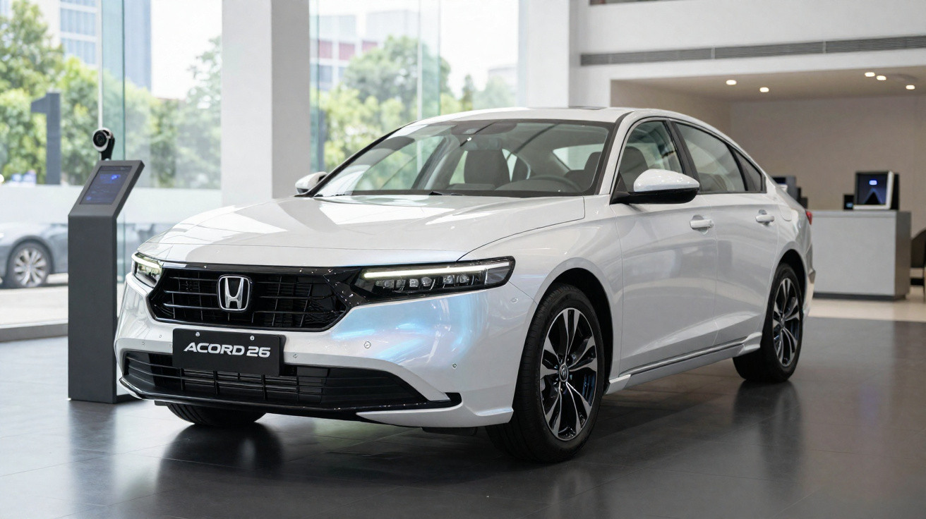 Carro sedã branco Honda Accord 26 exibido em salão moderno com vidros amplos ao fundo.