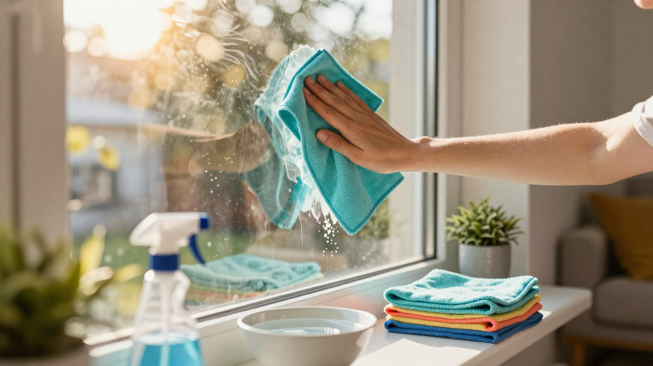 Pessoa limpando vidro de janela com pano azul e produtos de limpeza ao redor em luz natural.
